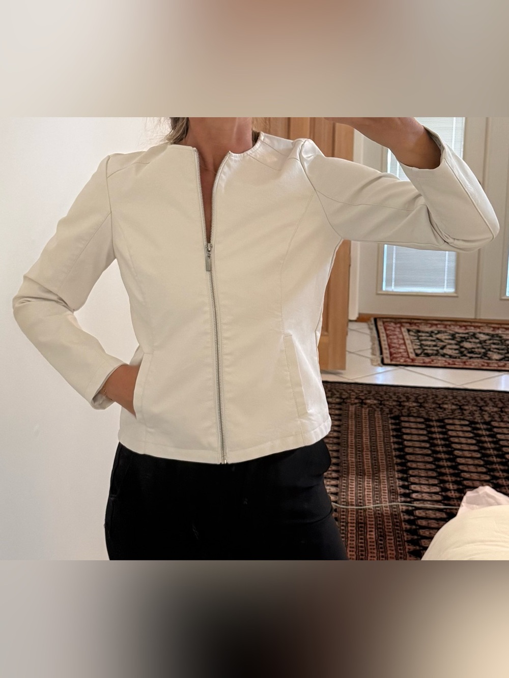 Baccini White Zip-Front Faux Leather Jacket